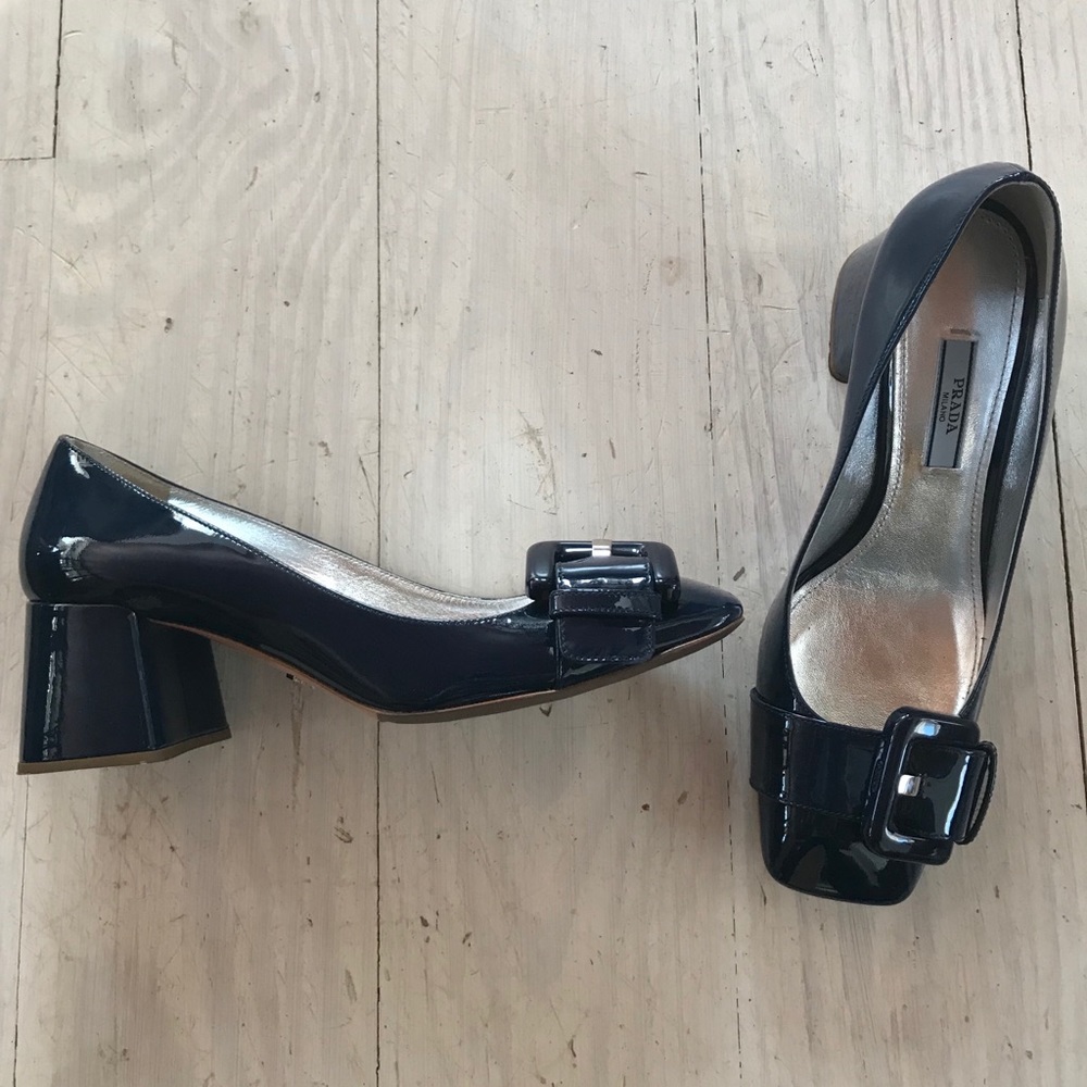 Prada Patent Block-Heel Buckle Pump!